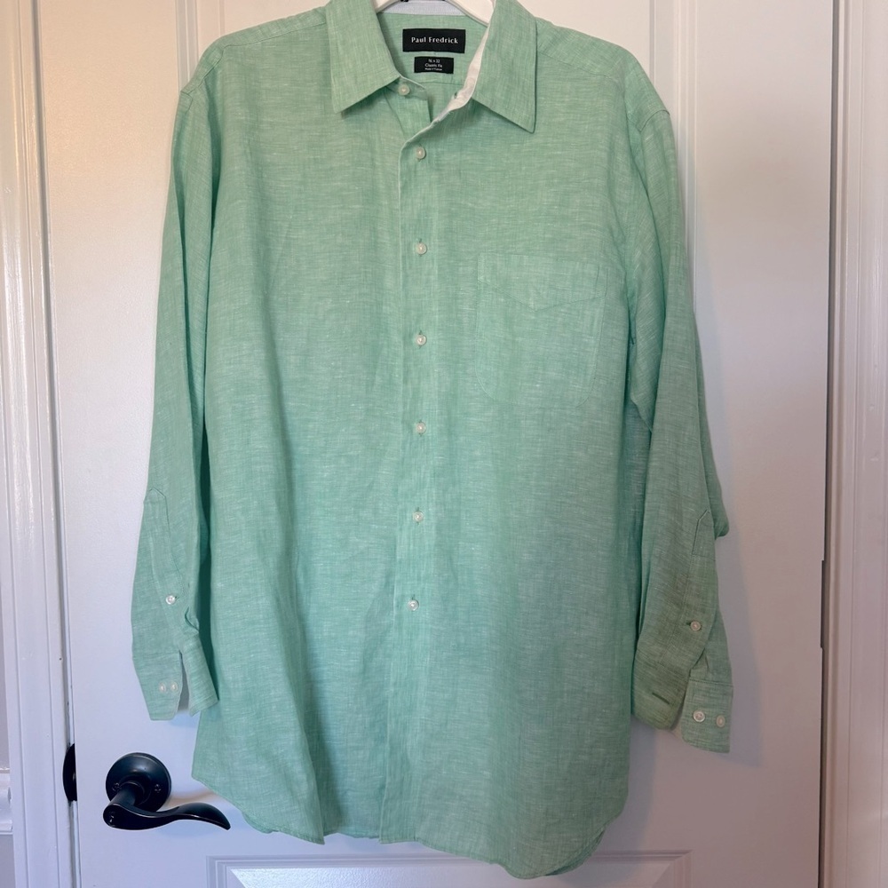 Paul Fredrick 100% Linen Light Green Casual 16x32 Classic Fit Shirt